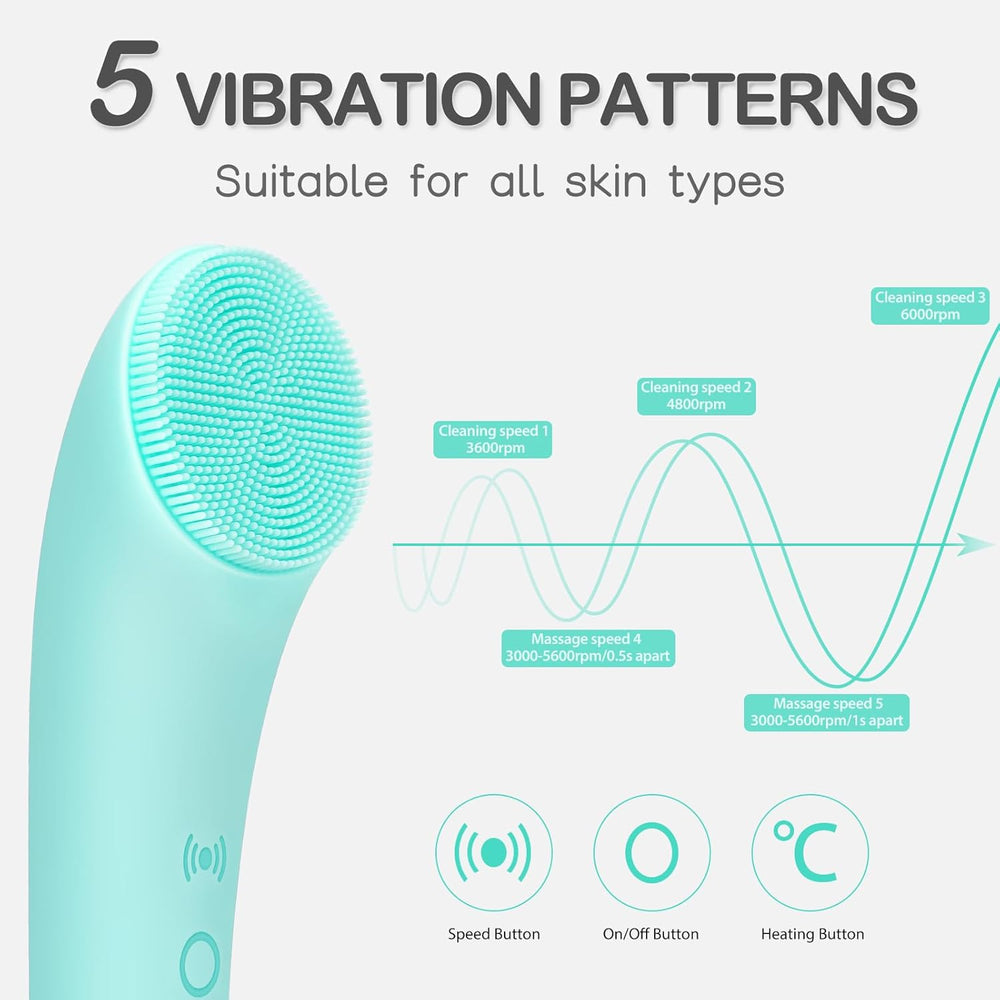Silicone Face Scrubber, Rechargeable Facial Cleansing Brush with Heat Massage End, Vibrating Exfoliator Scrubber for Deep Cleaning, Waterproof Face Brush for Women and Men (Green)