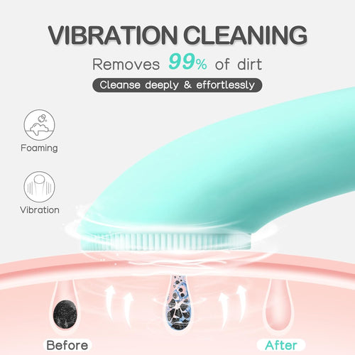Silicone Face Scrubber, Rechargeable Facial Cleansing Brush with Heat Massage End, Vibrating Exfoliator Scrubber for Deep Cleaning, Waterproof Face Brush for Women and Men (Green)