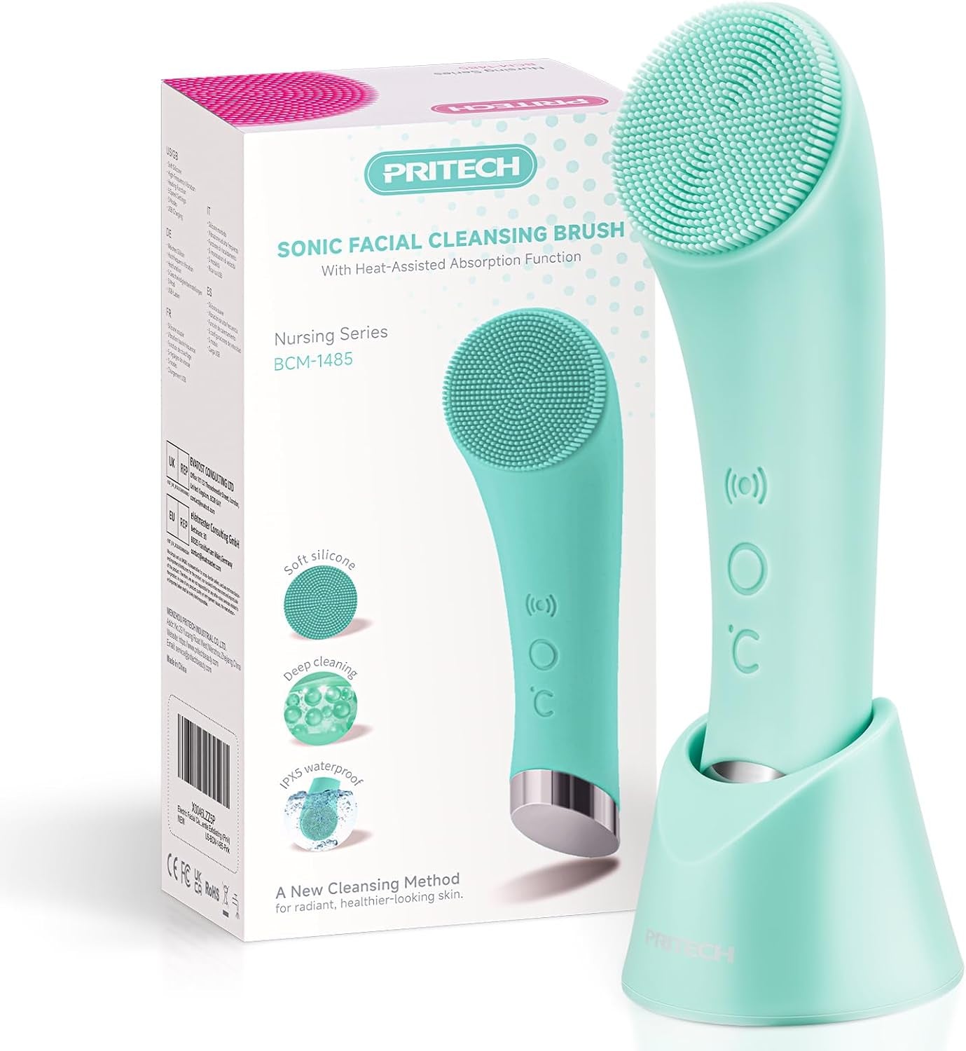 Silicone Face Scrubber, Rechargeable Facial Cleansing Brush with Heat Massage End, Vibrating Exfoliator Scrubber for Deep Cleaning, Waterproof Face Brush for Women and Men (Green)