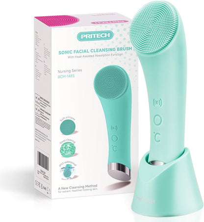Silicone Face Scrubber, Rechargeable Facial Cleansing Brush with Heat Massage End, Vibrating Exfoliator Scrubber for Deep Cleaning, Waterproof Face Brush for Women and Men (Green)
