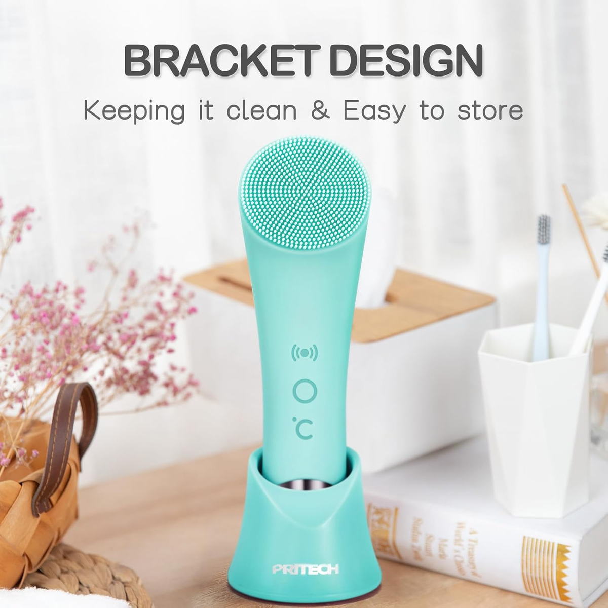Silicone Face Scrubber, Rechargeable Facial Cleansing Brush with Heat Massage End, Vibrating Exfoliator Scrubber for Deep Cleaning, Waterproof Face Brush for Women and Men (Green)